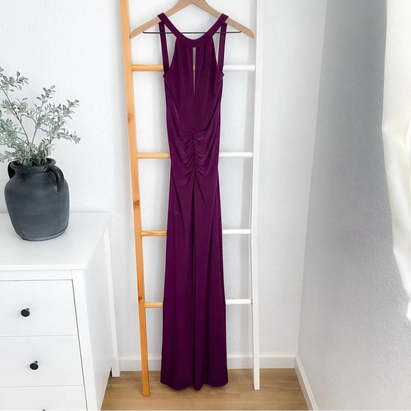 Camille Flawless Open Back Maxi Long Dress Purple Ruched Slit Low V-back Bodycon - Picture 12 of 12